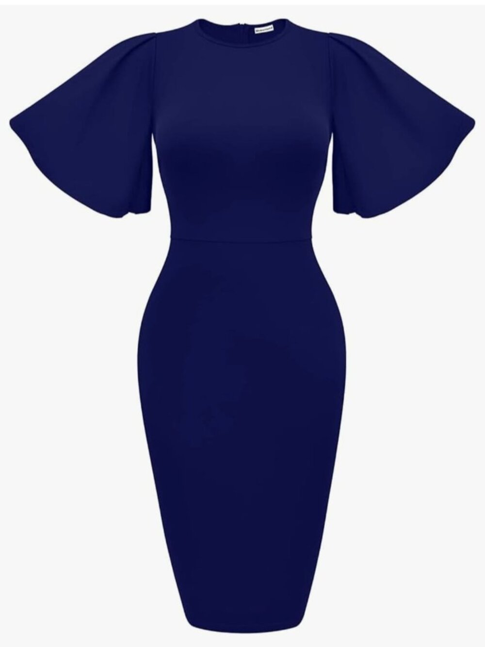 Women's Basic Fitted Pencil Midi Dress with Flared Short Sleeves and Ruffles